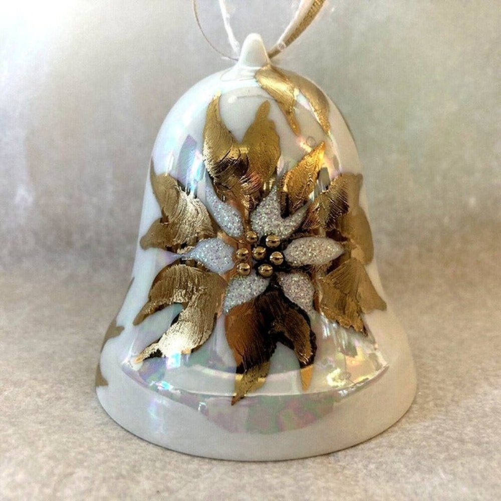 Hand Painted Kiln-Fired Porcelain Bell Hanging Christmas Ornament 3" x 2.75" VTG